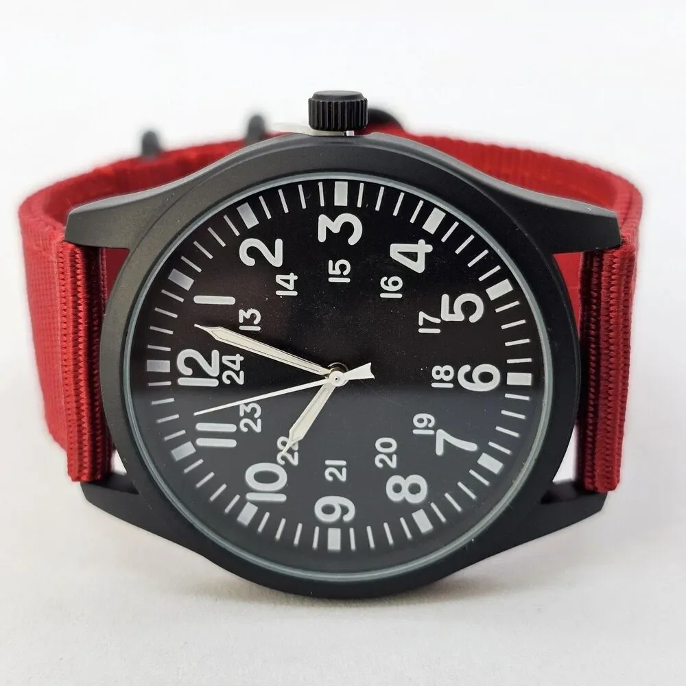 Men's Field Military Watch 42MM Black‎ Case Black Dial Red Canvas Band Straps